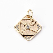Brass Micro Pave Clear Cubic Zirconia Charms, Rhombus with Word Love, for Valentine's Day, with Jump Rings, Nickel Free, Real 18K Gold Plated, 15x15x2mm(KK-Q765-010-NF)