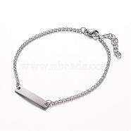 304 Stainless Steel ID Bracelets, Rectangle, with Box Chains and Lobster Clasps, Stainless Steel Color, 7-1/4 inch(185mm), 2mm(BJEW-K136-01P)