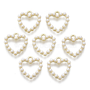 Alloy Charms, with ABS Plastic Imitation Pearl, Heart, White, Light Gold, 13x12.5x2.5mm, Hole: 1.4mm(PALLOY-R116-07)