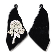 Opaque Flower Pattern Acrylic Pendants, with Shell, Black, Triangle, 54.5~55x23x2.6mm, Hole: 1.4mm(BACR-D001-01L)