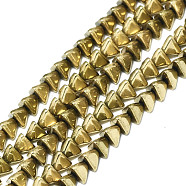 Electroplate Non-magnetic Synthetic Hematite Beads Strands, Pyramid, Real 18K Gold Plated, 3x4.5x4mm, Hole: 0.5mm, about 123~124pcs/strand, 15.75 inch(40cm)(G-S352-57)