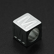 201 Stainless Steel European Beads, Large Hole Beads, Horizontal Hole, Cube, Stainless Steel Color, Letter.M, 7x7x7mm, Hole: 5mm(STAS-N090-LA062-M)