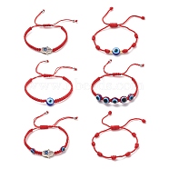 6Pcs 6 Style Alloy Hamsa Hand & Resin Evil Eye Braided Bead Bracelets Set, Lucky Nylon Knot Adjustable Bracelets for Kids, Red, Inner Diameter: 1-1/8~3-1/8 inch(2.9~7.7cm), 1Pc/style(BJEW-JB08370)