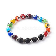 Handmade Evil Eye Lampwork Beaded Stretch Bracelets, with Natural Lava Rock Beads and 304 Stainless Steel Beads, Colorful, Inner Diameter: 2-1/4 inch(5.8cm)(BJEW-JB06467)