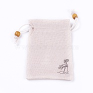 Burlap Packing Pouches, Drawstring Bags, with Wood Beads, Antique White, 14.6~14.8x10.2~10.3cm(ABAG-L006-B-03)