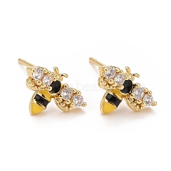 Clear Cubic Zirconia Bee Stud Earrings with Enamel, Real 18K Gold Plated Brass Jewelry for Women, Cadmium Free & Lead Free, Real 18K Gold Plated, 8.5x12mm, Pin: 0.7mm(EJEW-G288-24G)
