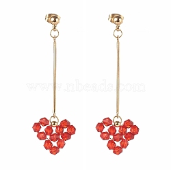 Brass Dangle Stud Earrings, with Transparent Acrylic Beads, Heart, Red, 59mm, Pin: 0.8mm(X1-EJEW-TA00002)