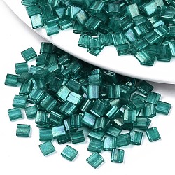 2-Hole Baking Paint Glass Seed Beads, Transparent Colours Rainbow, Rectangle, Dark Cyan, 5x4.5~5.5x2~2.5mm, Hole: 0.5~0.8mm, about 1180pcs/bag(SEED-S031-L-ST108A)