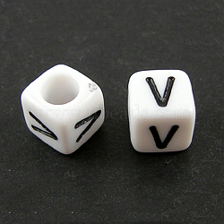 Letter Acrylic European Beads, Horizontal Hole, Cube, Letter.V, 10x10x10mm, Hole: 3.5~4mm, about 598pcs/500g(OPDL-R050-10mm-V)