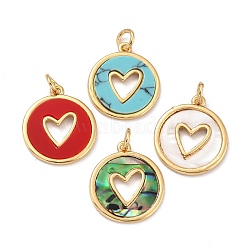 Real 18K Gold Plated Brass Pendants, with Mixed Shell & Gemstone, Long-Lasting Plated, Flat Round with Heart, Mixed Color, 18x16x2mm, Hole: 3mm, Jump Ring: 5x1mm(KK-G402-33G)