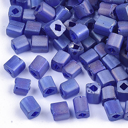 6/0 Transparent Glass Seed Beads, Frosted AB Colours, Square Hole, Cube, Slate Blue, 6/0, 3~5x3~4x3~4mm, Hole: 1.2~1.4mm, about 4500pcs/bag(SEED-S027-03B-13)
