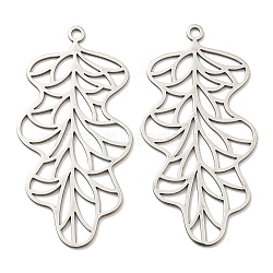 201 Stainless Steel Pendants, Laser Cut, Leaf Charm, Stainless Steel Color, 47x23.5x1mm, Hole: 2mm(STAS-M318-29P)