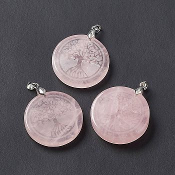 Natural Rose Quartz Pendants, Flat Round Charms with Tree of Life Pattern, with Rack Plating Platinum Tone Brass Findings, Cadmium Free & Lead Free, 30x4~8mm, Hole: 4x4mm