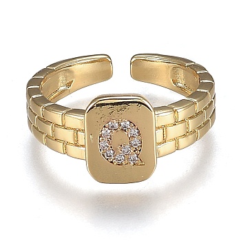 Brass Micro Pave Clear Cubic Zirconia Cuff Rings, Open Rings, Cadmium Free & Lead Free, Rectangle, Golden, Letter.Q, US Size 6 1/4, Inner Diameter: 16.8mm