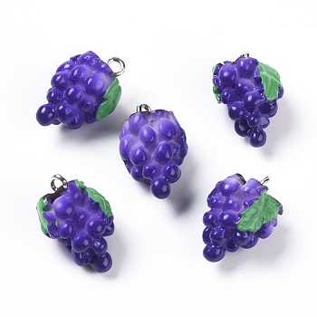 Resin Pendants, with Platinum Tone Iron Loop, Imitation Food, Grape, DarkSlate Blue, 19.5x12x11mm, Hole: 2mm