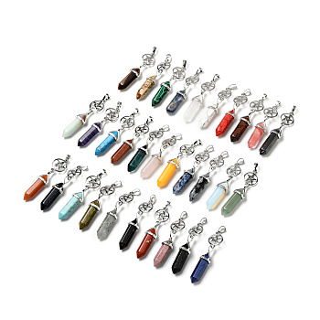 Natural & Synthetic Gemstone Double Terminated Pointed Big Pendants, with Platinum Tone Brass Findings, Cadmium Free & Lead Free, Ring with Star & Bullet, Faceted, Mixed Dyed and Undyed, 63~70mm, Hole: 4.6x8mm