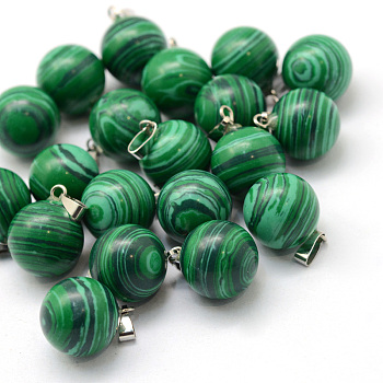 Round Dyed Synthetic Malachite Pendants, with Platinum Tone Brass Findings, 17~19x13~14mm, Hole: 2x7mm