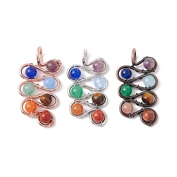 Natural Mixed Stone Brass Pendants, Natural Dyed White Jade & Amethyst & Tiger Eye & Red Jasper, Large Hole Pendants, Lead Free & Cadmium Free, Mixed Dyed and Undyed, Leaf, Mixed Color, 42~44x22~24x8.5~9.5mm, Hole: 6~6.5mm