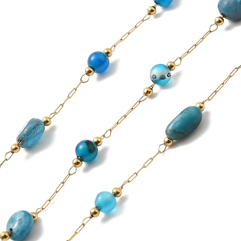 Ion Plating(IP) Real 18K Gold Plated 316 Surgical Stainless Steel Link Chains, with Natural Apatite & Natural Agate Beads, Soldered, with Spool, 12~17x4~6x4~6mm, Bead: 4~8.5x4~6x4~6mm