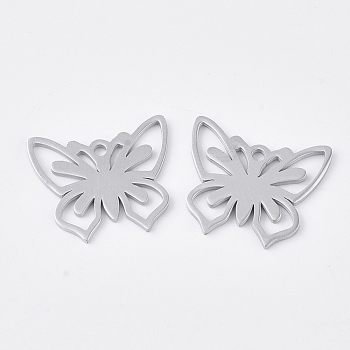 201 Stainless Steel Pendants, Smooth Surface, Butterfly, Stainless Steel Color, 14x17x1mm, Hole: 1.4mm