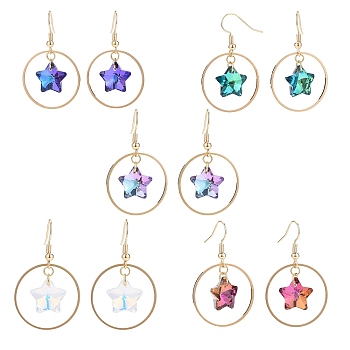 Bling Glass Star Dangle Earrings, Golden Brass Jewelry for Women, Mixed Color, 40~42mm, Pin: 0.7mm