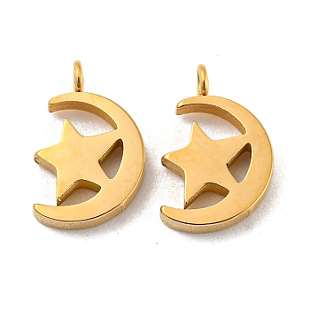 304 Stainless Steel Charms, Moon with Star Charm, Real 14K Gold Plated, 11.5x7.5x2mm, Hole: 1.4mm