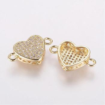 Brass Micro Pave Cubic Zirconia Links, Heart, Golden, 18x11.5x4mm, Hole: 2mm