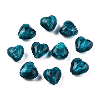 Handmade Silver Foil Glass Beads, Heart, Teal, 12x12x8mm, Hole: 2mm