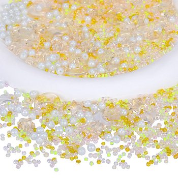 2 Bag Glass & Seed Beads, with Glitter Powder, Imitation Pearl & Transparent & Inside Colours, Moon & Star & Round, Champagne Yellow, 2~16x2~11.5mm, Hole: 0.8~1.2mm