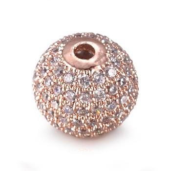 CZ Jewelry Brass Micro Pave Cubic Zirconia Round Beads, Clear, Rose Gold, 12mm, Hole: 2mm