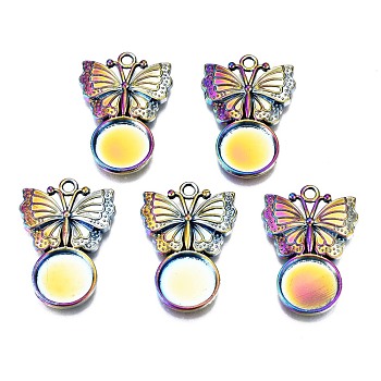 Alloy Pendants Cabochon Settings, Cadmium Free & Nickel Free & Lead Free, Flat Round with Butterfly, Rainbow Color, 31.5x21.5x3mm, Hole: 2.5mm, Tray: 12mm