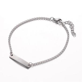 304 Stainless Steel ID Bracelets, Rectangle, with Box Chains and Lobster Clasps, Stainless Steel Color, 7-1/4 inch(185mm), 2mm