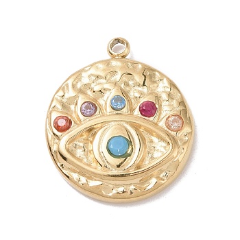 304 Stainless Steel Evil Eye Pendants, with Colorful Rhinestone and 201 Stainless Steel Snap on Bails, Golden, Flat Round Pattern, 17.5x15x3mm, Hole: 1.2mm