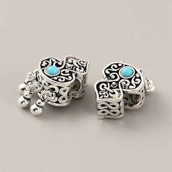 Tibetan Style Alloy European Dangle Charms, Large Hole Pendants, with Synthetic Turquoise Beads, Gourd, Antique Silver, 23x12x11mm, Hole: 5mm