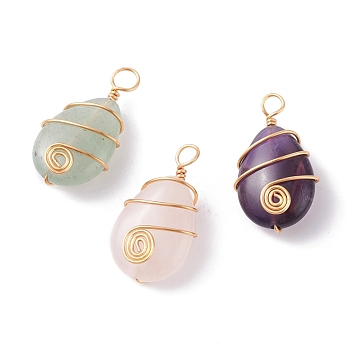 3Pcs 3 Styles Natural Mixed Gemstone Pendants, Natural Rose Quartz & Amethyst & Green Aventurine, with Golden Tone Copper Wire Wrapped, Teardrop Charm, 24.5x14x7.5mm, Hole: 3.6mm, 3pcs/set