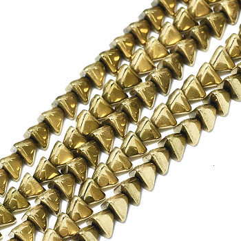 Electroplate Non-magnetic Synthetic Hematite Beads Strands, Pyramid, Real 18K Gold Plated, 3x4.5x4mm, Hole: 0.5mm, about 123~124pcs/strand, 15.75 inch(40cm)