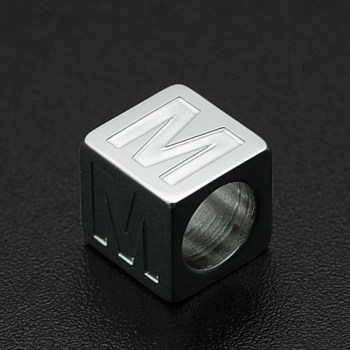 201 Stainless Steel European Beads, Large Hole Beads, Horizontal Hole, Cube, Stainless Steel Color, Letter.M, 7x7x7mm, Hole: 5mm