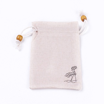 Burlap Packing Pouches, Drawstring Bags, with Wood Beads, Antique White, 14.6~14.8x10.2~10.3cm