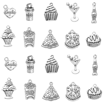 100Pcs 10 Styles Tibetan Style Alloy Pendants, Cake & Heart & Pizza & Fries, Antique Silver, 15~27.5x8~22x3~7mm, Hole: 1.5mm, 10pcs/style