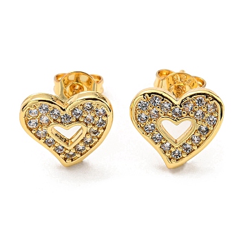 Clear Cubic Zirconia Heart Stud Earrings, Rack Plating Brass Earrings, Lead Free & Cadmium Free, Real 18K Gold Plated, 9x10mm