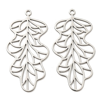 201 Stainless Steel Pendants, Laser Cut, Leaf Charm, Stainless Steel Color, 47x23.5x1mm, Hole: 2mm