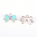 Rack Plating Alloy Enamel Pendants, with Crystal Rhinestone, Bowknot, Light Gold, Cyan, 17x25x5mm, Hole: 2.5mm(ALRI-TAC0003-11LG-D)