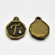 Antique Bronze Plated Alloy Rhinestone Charms, Flat Round with Letter.T, Nickel Free, 13x10x1.5mm, Hole: 1mm(ALRI-J152-T-NF)