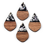 Opaque Resin & Walnut Wood Pendants, Teardrop Charms with Stars & Moon & Sun Paillettes, Waxed, Silver, 28x18x3.5mm, Hole: 1.8mm(RESI-N039-60C)