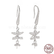 Rhodium Plated 925 Sterling Silver Earring Hooks, with Clear Cubic Zirconia, Bowknot, for Half Drilled Beads, Platinum, 36mm, 21 Gauge, Pin: 0.7mm and 0.6mm, Tray: 6x3mm(STER-D035-34P)