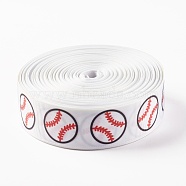 Single Face Baseball Printed Polyester Grosgrain Ribbons, White, 1 inch(25mm), 03mm(SRIB-P019-02)