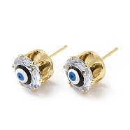 Flat Round Glass with Enamel Evil Eye Stud Earrings, Real 18K Gold Plated Brass Jewelry for Women, Black, 11mm, Pin: 0.8mm(EJEW-P210-04G-08)