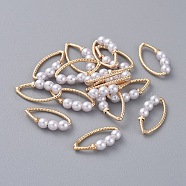 Real 18K Gold Plated Brass Linking Rings, Marquise Links, with Acrylic Imitation Pearl, Horse Eye, Long-Lasting Plated, White, 15x8.5x3mm, Inner Diameter: 12x4mm(KK-L180-101A-G)