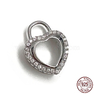 Rhodium Plated 925 Sterling Silver Charm, with Clear Cubic Zirconia, Hollow Heart, Real Platinum Plated, 13.8x11x4.7mm, Hole: 4.2x3mm(STER-K176-02P)