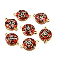 Alloy Enamel Links, Lead Free & Cadmium Free, Half Round with Flower, Real 24K Gold Plated, Red, 25.5x18x4mm, Hole: 2.2mm(ENAM-F139-05G-RS)